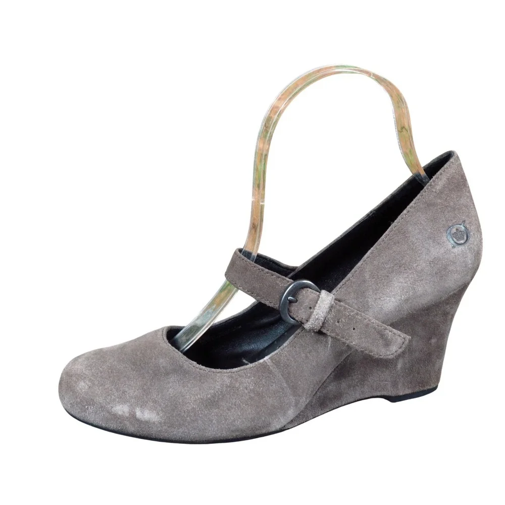 Born Jordana Women Mary Jane Wedge Pumps Size 7.5 Work Office Taupe Gray Suede